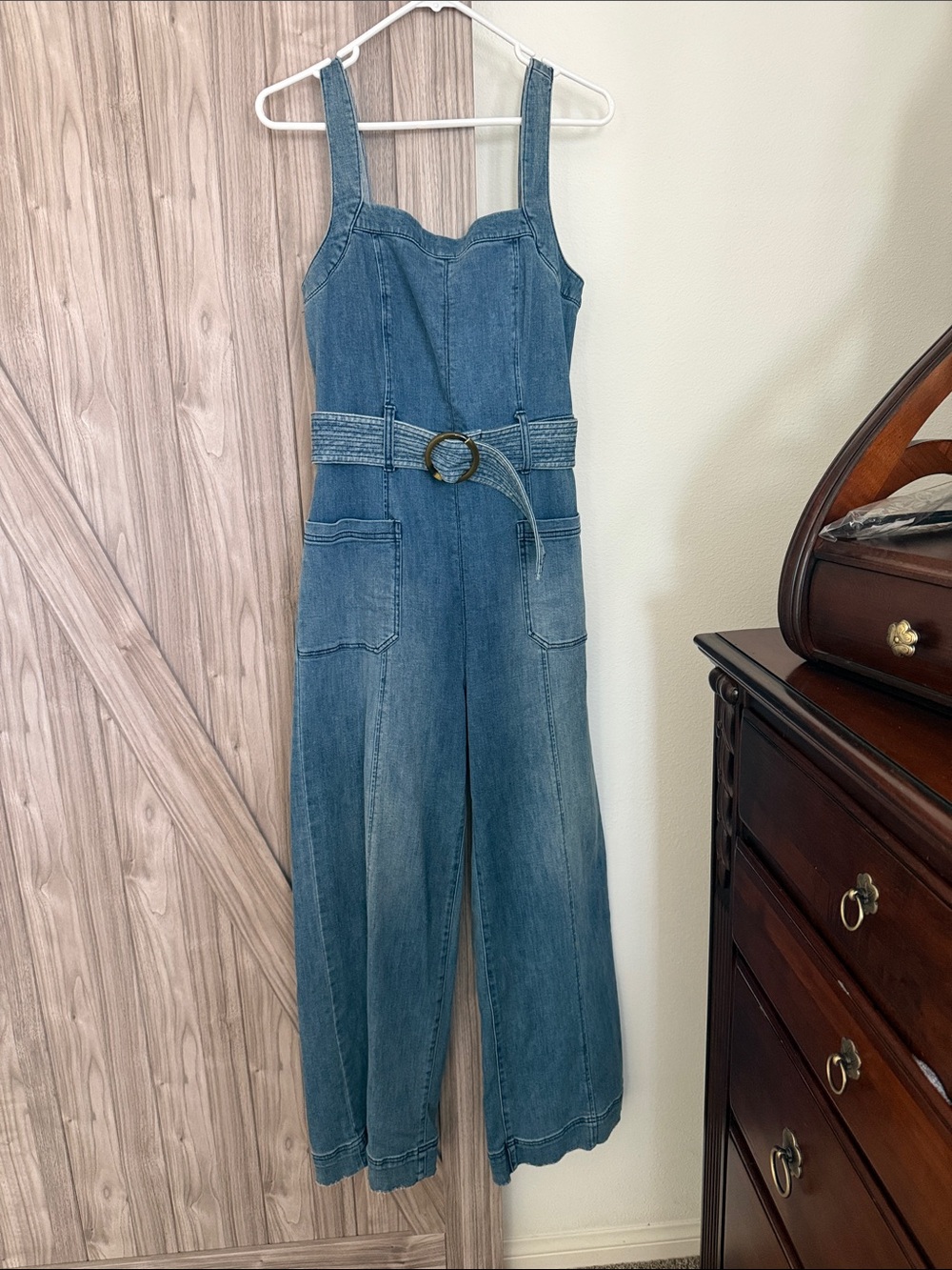 Pilcro Blue Denim Wide-Leg Overalls with Belt